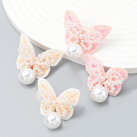 Spring Butterfly Earrings with Imitation Pearl Drops - Exaggerated European and American Insect Animal Ear Jewelry