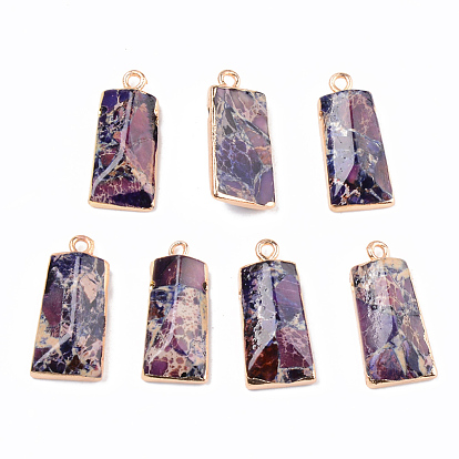 Synthetic Gold Line Regalite/Imperial Jasper/Sea Sediment Jasper Pendants, with Edge Light Gold Plated and Brass Loop, Dyed, Rectangle