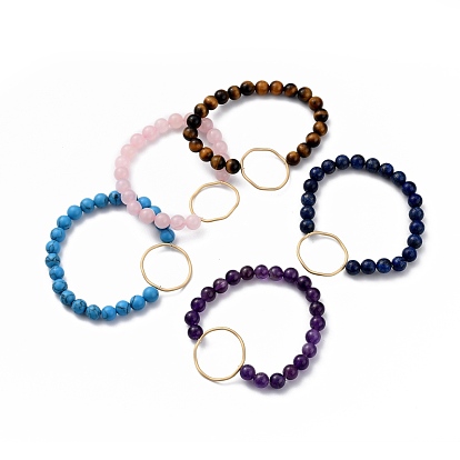 Round Gemstone Stretch Beaded Bracelets, Link Bracelets, with Matte Gold Color Plated Alloy Linking Ring