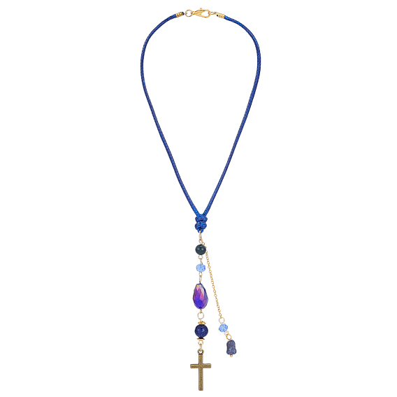 2 подвеска для автомобиля из стеклянных бусин, натурального иолита, натурального окрашенного лазурита и сплава. С латунными цепями и вощеным полиэфирным шнуром