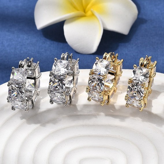 Квадратные серьги-кольца из латуни с микропаве из прозрачных кубических цирконий, долговечный, стойки покрытие, без свинца и без кадмия