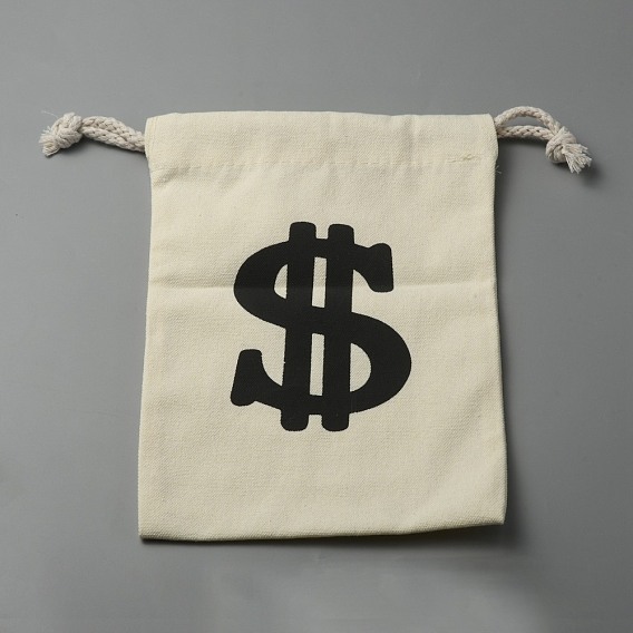 Canvas Drawstring Bags, with Cotton Rope, Rectangle with Dollar Sign