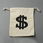 Canvas Drawstring Bags, with Cotton Rope, Rectangle with Dollar Sign