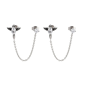 Овальные серьги-гвоздики с крыльями из хирургической нержавеющей стали, прозрачные циркониевые серьги-гвоздики с подвесками-цепочками, асимметричные серьги для женщин
