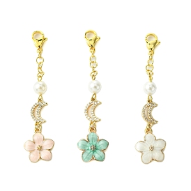 3Pcs 3 Colors Flower Alloy Enamel Pendant Decorations, Shell Pearl Beads and Lobster Claw Clasps Charm for Bag Key Ornaments