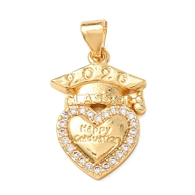 Brass Micro Pave Clear Cubic Zirconia Pendants, Heart with Graduation Cap & Word Happy Graduation Charms