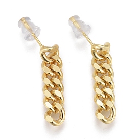Brass Curb Chain Dangle Stud Earrings, Faceted, with Plastic Ear Nuts, Long-Lasting Plated