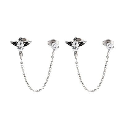 Oval with Wings 316 Surgical Stainless Steel Pave Clear Cubic Zirconia Dangle Chains Stud Earrings, Asymmetrical Earrings for Women