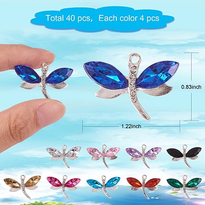40Pcs 10 Colors Alloy Rhinestones Charms, Dragonfly, for Jewelry Making, Platinum