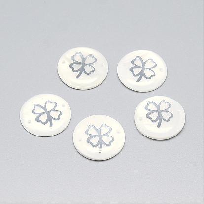 Freshwater Shell Links Connectors, with Alloy Findings, Flat Round with Clover