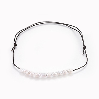 Collares de perlas naturales ajustables con cuentas, con cordones de cuero piel de vaca