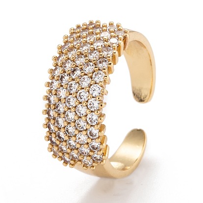 Brass Micro Pave Clear Cubic Zirconia Cuff Rings, Open Rings, Wide Band Rings, Long-Lasting Plated