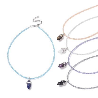 Natural Mixed Bullet Pendant Necklace with Seed Beaded Chains for Women