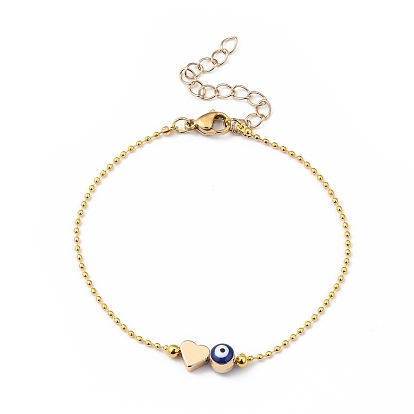 Beaded Bracelets, with Brass Heart Beads & Ball Chains, Evil Eye Alloy Enamel Beads, 304 Stainless Steel Lobster Claw Clasps