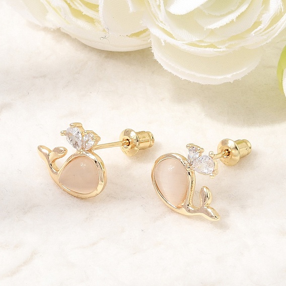 Brass Micro Pave Cubic Zirconia Stud Earrings for Women, Whale, with Cat Eye, 925 Sterling Silver Stud Earrings for Women