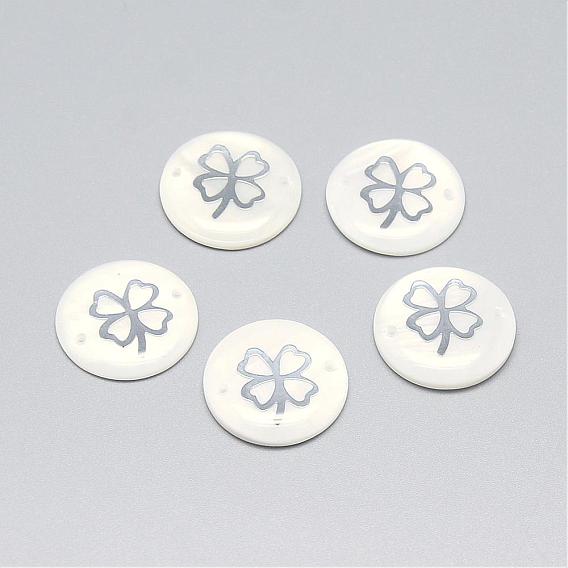 Freshwater Shell Links Connectors, with Alloy Findings, Flat Round with Clover