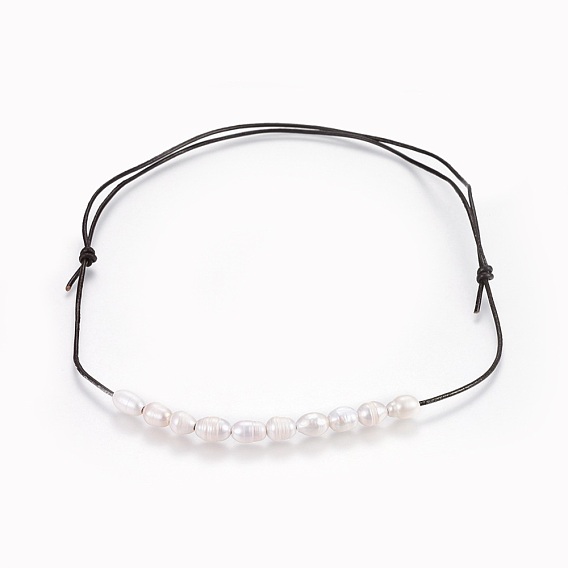 Collares de perlas naturales ajustables con cuentas, con cordones de cuero piel de vaca