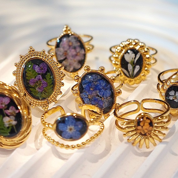 304 Кольца-манжеты из нержавеющей стали с эпоксидной смолой и высушенными цветами, золотые