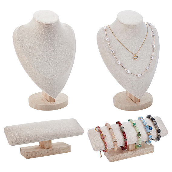 2Pcs Velvet Bracelet Display Holder and 2Pcs Necklace Display Stands, with Wood Base, for Jewelry Organizer Holder