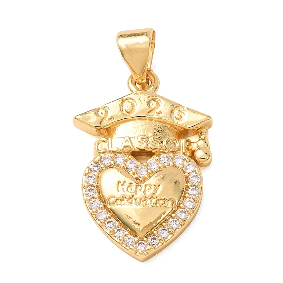 Brass Micro Pave Clear Cubic Zirconia Pendants, Heart with Graduation Cap & Word Happy Graduation Charms
