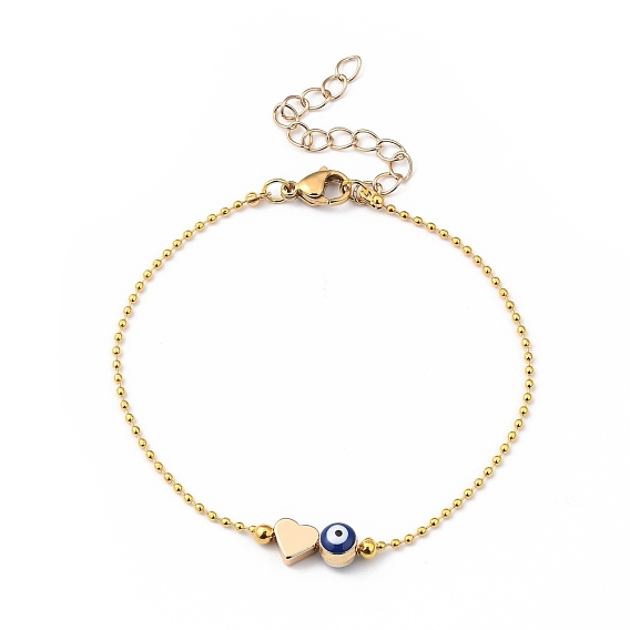 Beaded Bracelets, with Brass Heart Beads & Ball Chains, Evil Eye Alloy Enamel Beads, 304 Stainless Steel Lobster Claw Clasps