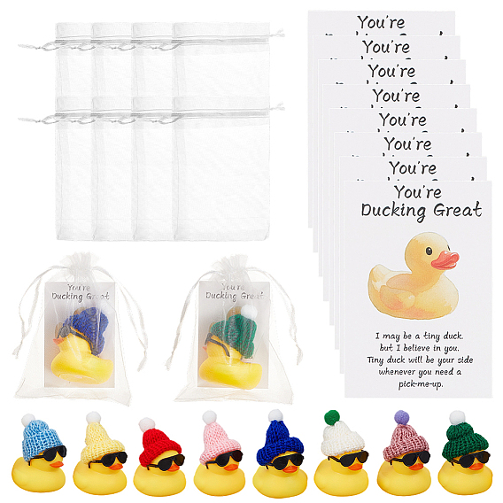 24 Sets Plastic Duck Display Decotation, with Glasses & Polyester Fiber Hat, 24Pcs Organza Gift Bags & 24Pcs Duck Paper Thank You Greeting Cards, for Wedding Party Decotations