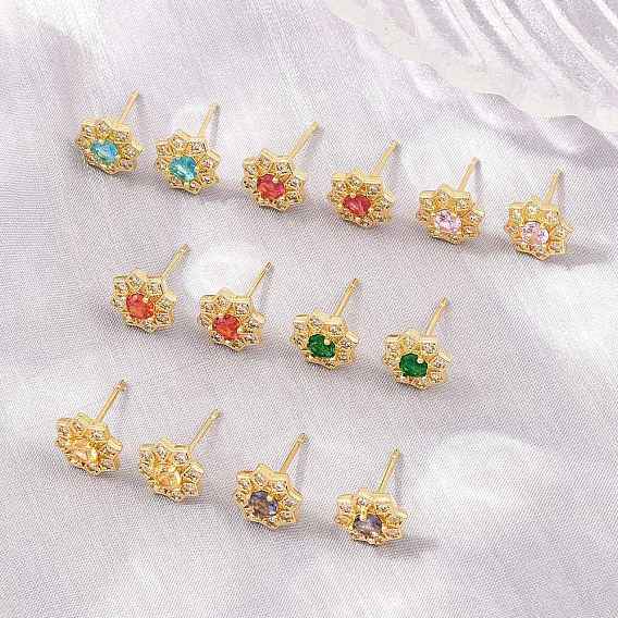 Серьги-гвоздики из латуни с микропаве из кубического циркония для женщин, цветок, без кадмия и без свинца, долговечный, стойки покрытие, реальный 18 k позолоченный
