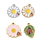 304 Stainless Steel Enamel Pendants, Flower/Leaf with Ladybug Charms, Ion Plating(IP), Golden