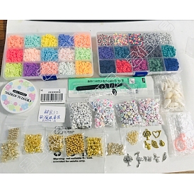 Bausatz für ein adrettes DIY-Armband, einschließlich Fimo-Scheibe & Acryl-Buchstabe & Kunststoff-Stern & natürliche Muschelperlen, Anhänger aus Herz- und Blatt-, Engels- und Flamingolegierung, Pinzette, Scheren