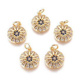 Латунные микро проложить кубического циркония прелести, с прыжковых колец, плоские круглые с цветком, прозрачный и морской синий