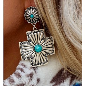 Earrings Vintage Western Turquoise Earrings Exaggerated Cross Engraved Metal Earrings