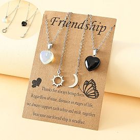 Collier carte d'amitié soleil et lune en acier inoxydable avec pendentif en pierre naturelle