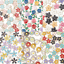 180 pcs 6 styles pendentifs en émail en alliage, charmes de fleurs, or