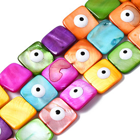Natural Freshwater Shell Beads Strands, with Enamel, Dyed, Square with Evil Eye