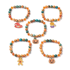 Bracelets extensibles en perles de jade blanc océan synthétique teint rond de mm, Bracelets à breloques citrouille d'halloween/bonhomme en pain d'épice pour femmes