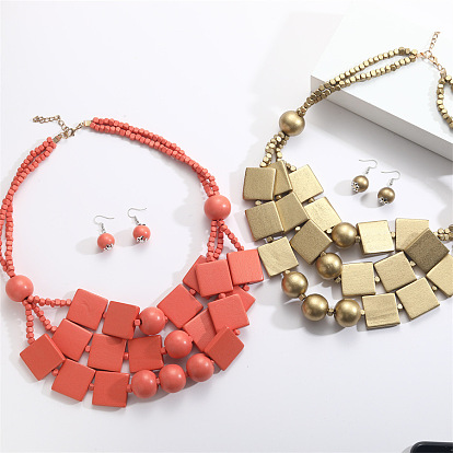 Комплекты из многослойных ожерелий и серег-подвесок из квадратных и круглых бусин из дерева в богемном стиле, золотые