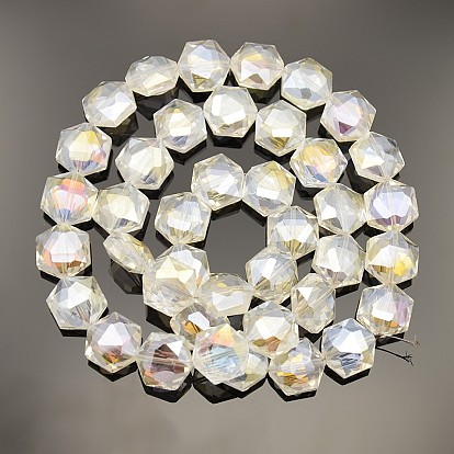 Hexagon Electroplate AB Color Plated Glass Beads Strands, Faceted, 15x14x8mm, Hole: 1mm, about 40pcs/strand, 23.6 inch