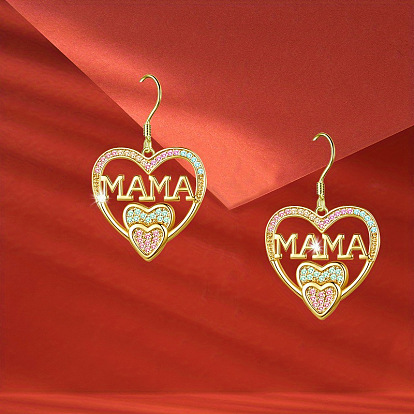 Серьги-подвески из сплава со стразами ко Дню матери, сердце со словом мама