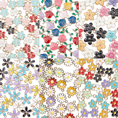 180 pcs 6 styles pendentifs en émail en alliage, charmes de fleurs, or