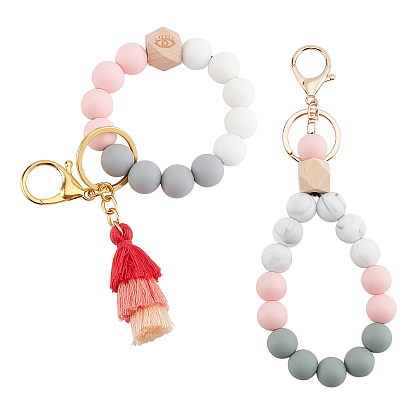 DIY Keychain Bracelets Making Kit, Including Round Silicone Stretch Beaded Bracelets, with Natural Wood Beads, Iron Split Key Rings, Round Silicone Keychain, Cotton Thread Tassel Pendant Decorations