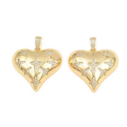 Brass Micro Pave Clear Cubic Zirconia Pendants, Heart Charms