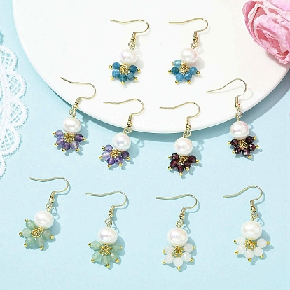 Серьги-подвески с бусинами из драгоценных камней и натурального культивированного пресноводного жемчуга, круглые, с 304 нержавеющей стали серьги крючки, золотые