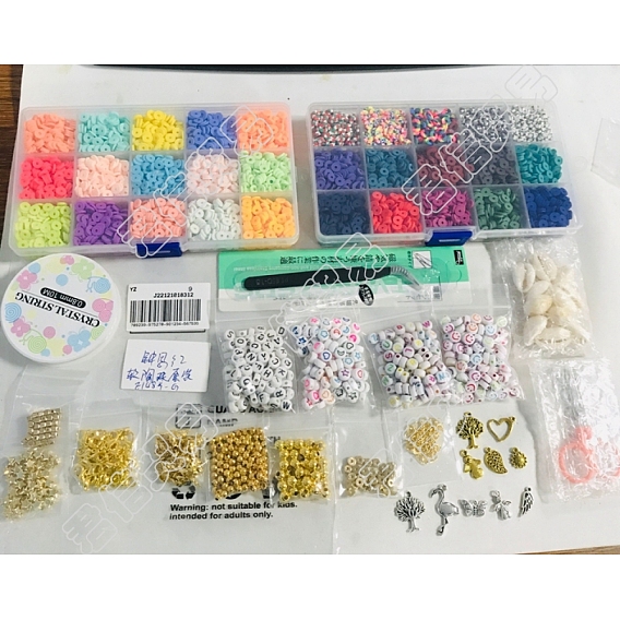 DIY Preppy Bracelet Making Kit, Including Polymer Clay Disc & Acrylic Letter & Plastic Star & Natural Shell Beads, Heart & Leaf & Angel & Flamingo Alloy Pendants, Tweezers, Scissor