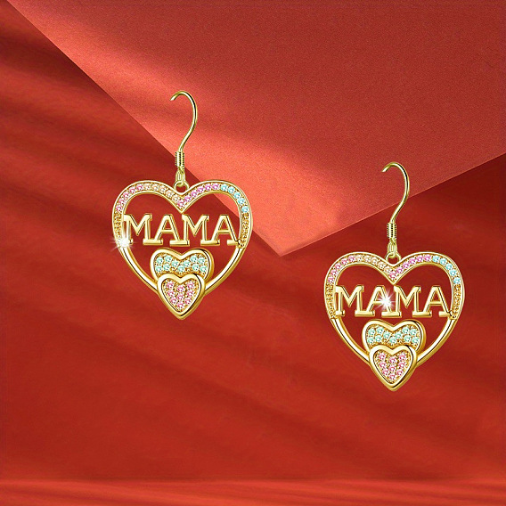 Серьги-подвески из сплава со стразами ко Дню матери, сердце со словом мама