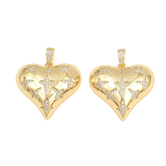 Brass Micro Pave Clear Cubic Zirconia Pendants, Heart Charms