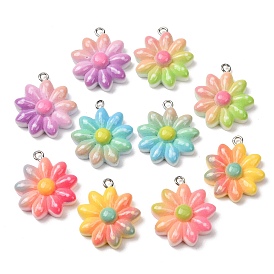 Gradient Color Opaque Resin Pendants, Flower Charm, with Platinum Iron Eye Pin