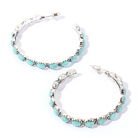 Synthetic Turquoise C-Shaped Hoop Earrings, Antique Silver