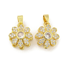 Rotatable Flower Charms Rack Plating Brass Clear Cubic Zirconia Pendants, Long-Lasting Plated, Lead Free & Cadmium Free