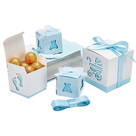 PandaHall Elite 30 Sets 3 Style Paper Gift Box, Wedding Decoration, with Polyester Ribbon and Baby, for Baby Shower Gift Box