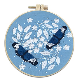 Winter Theme DIY Butterfly & Flower Pattern Embroidery Beginner Kits, Including Printed Cotton Fabric, Embroidery Thread & Needles, Imitation Bamboo Embroidery Hoop